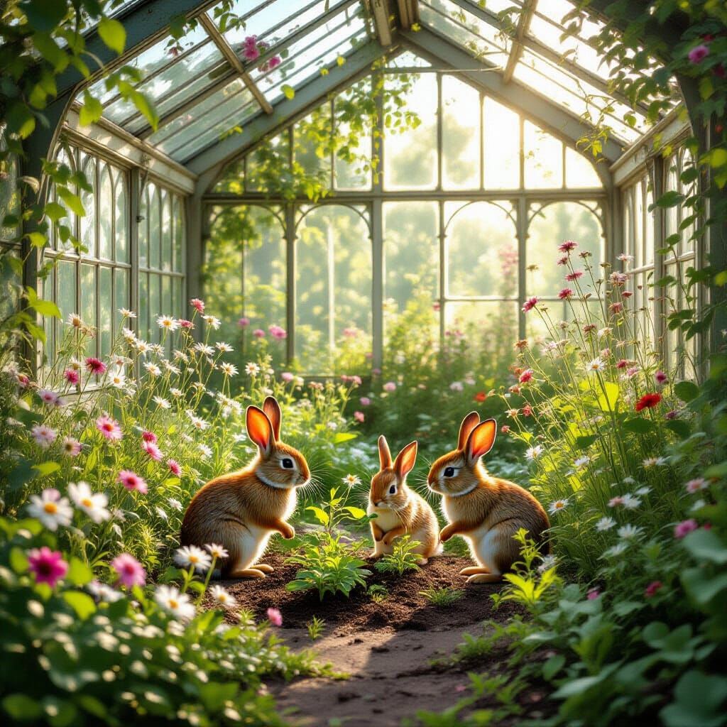 Victorian Greenhouse with Rabbits in Art Nouveau Style