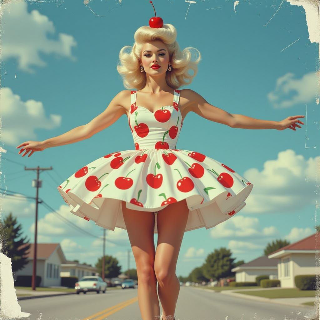Retro Fairy in Cherry Dress Amidst Avant Garde Collage