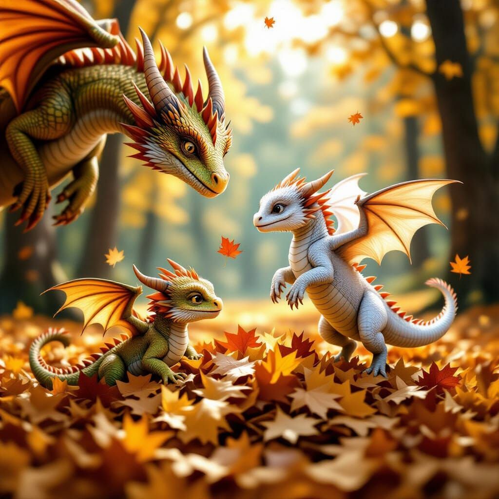 Surreal fantasy, whimsical, hyper realistic, cinematic. Two baby dragons frolic in piles of golden autumn leaves — leapi...