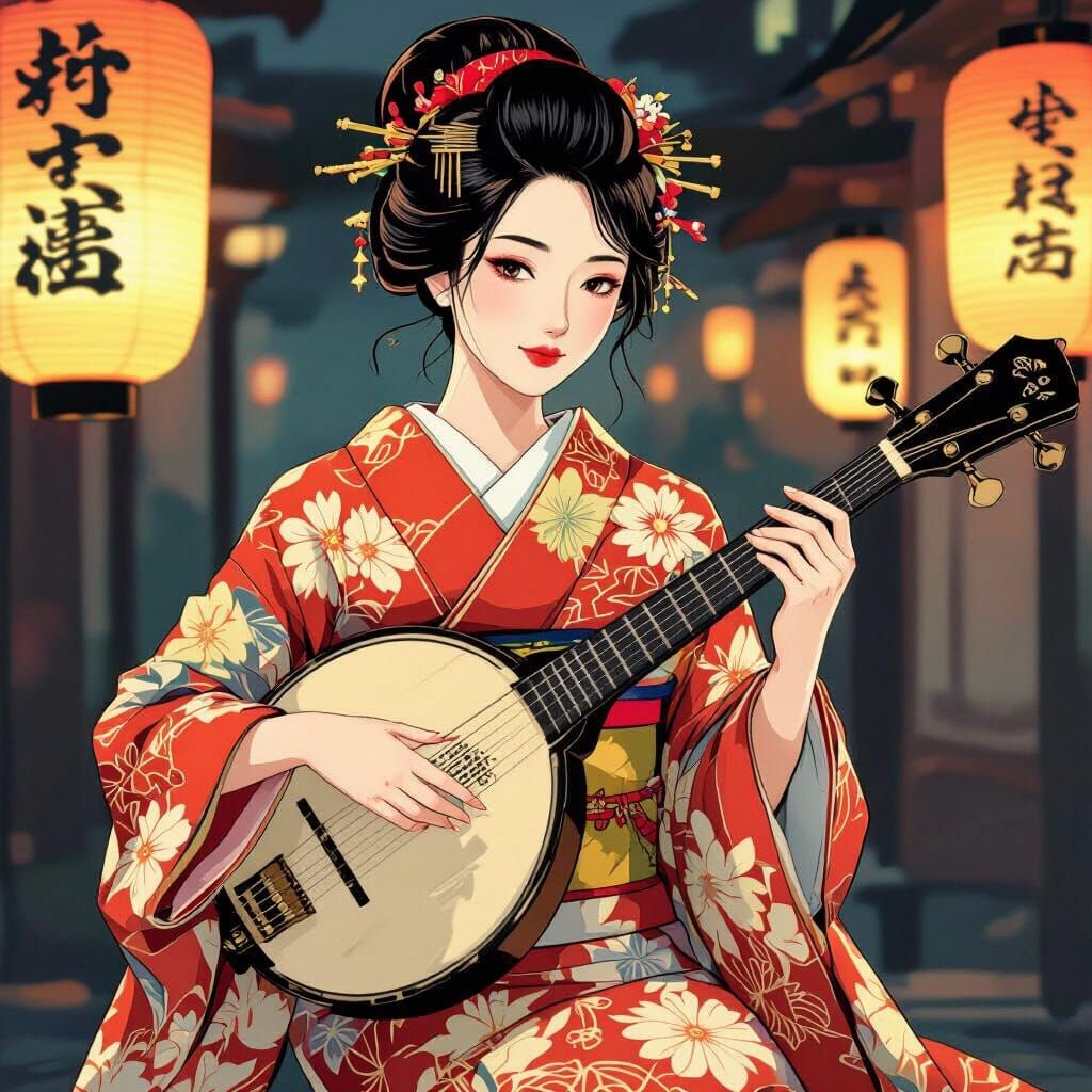 Japanese Woman Plays Shamisen in Ukiyo-e Style