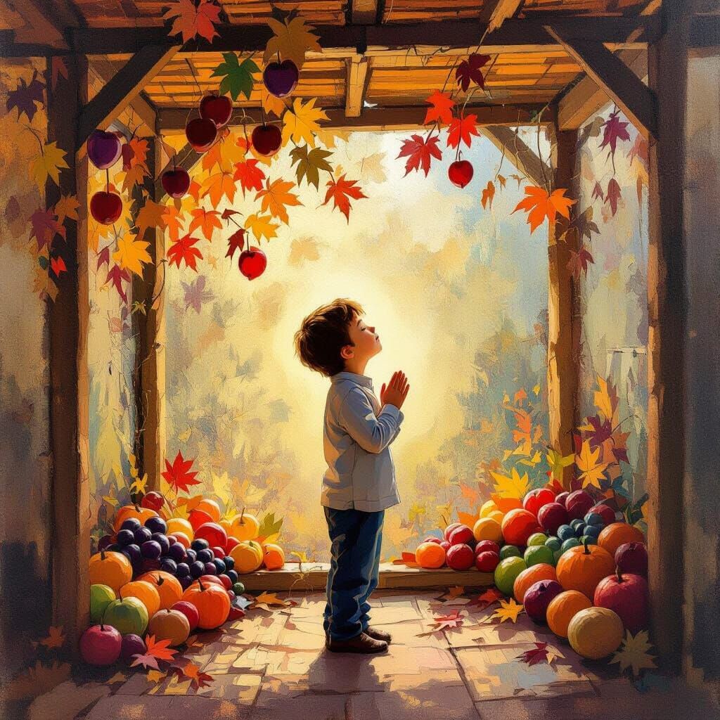 Boy Praying in Glass Sukkah with Autumn Decor