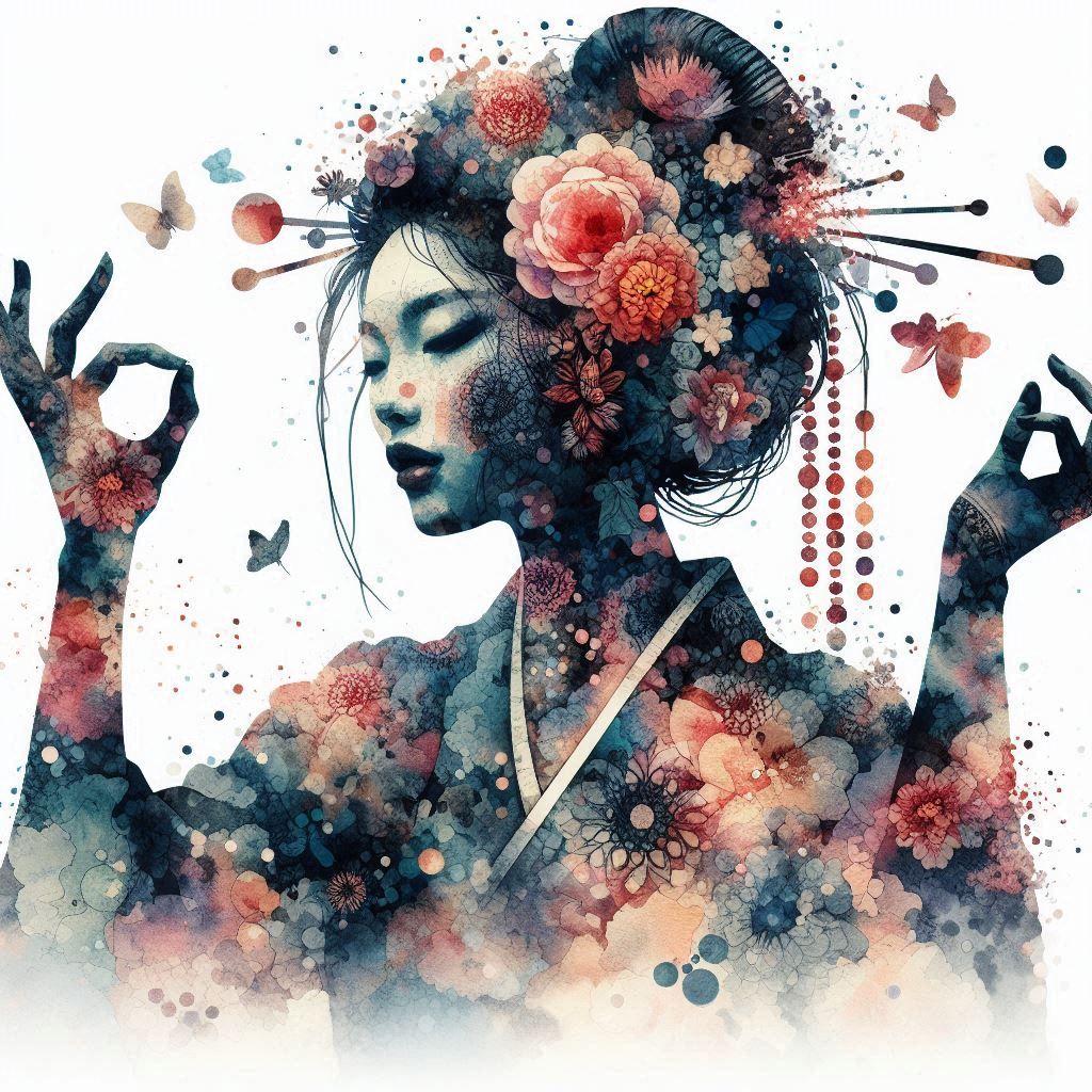 Beautiful double exposure watercolour geisha, colourful traditional 
