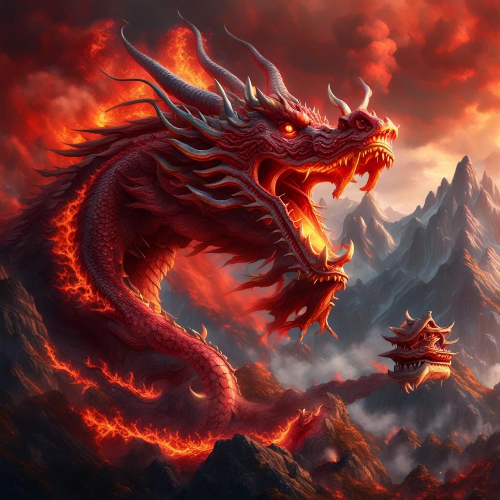 a giant red chinese dragon in the mountains with lots of fire and smoke  by @penguinguy