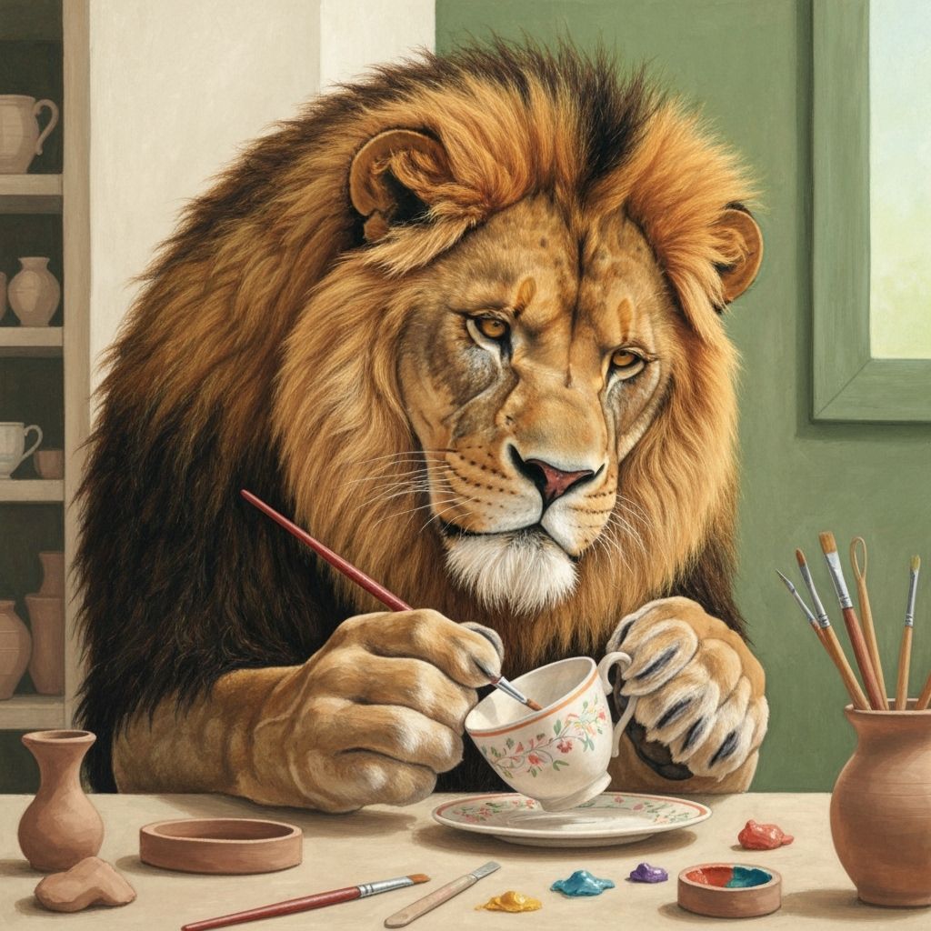 A lion delicately painting a teacup  by @Alison