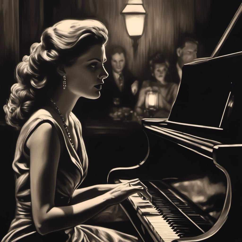 <lora:Film Noir 2D:1.0>
A woman is playing a piano in a vintage bar. Talking men are standing on the background next to the wall. hyperdetai...