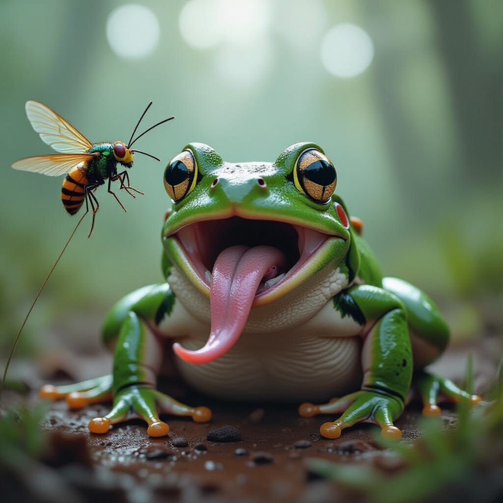 Surprised Frog Catches Fly with Long Tongue