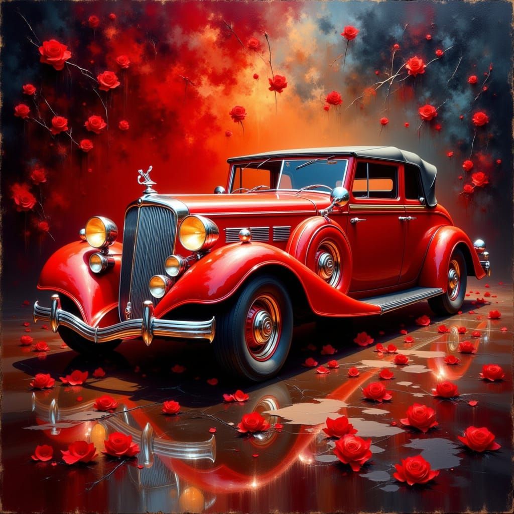 Vintage Red Packard in Impressionistic Oil Painting Style