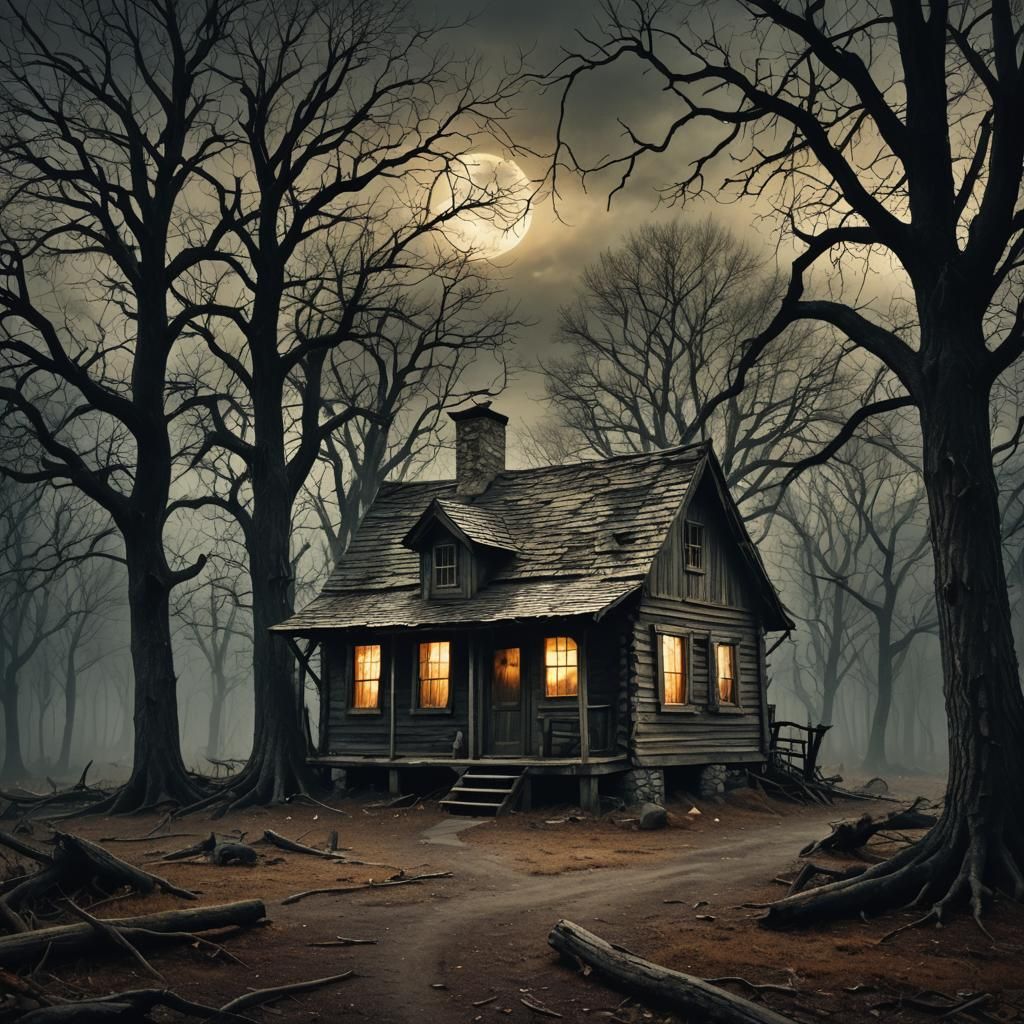 Eerie Cabin in Dark Forest: Gothic Horror