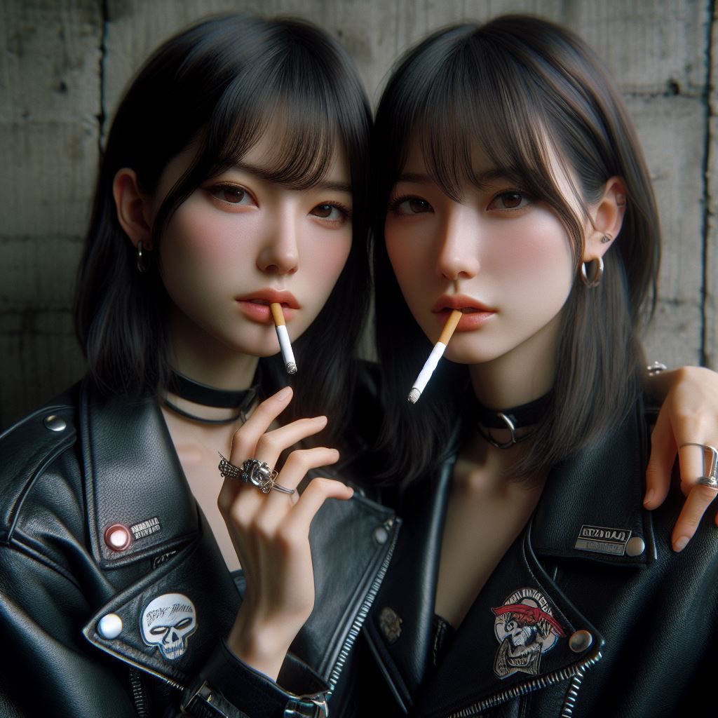 Japanese punk girls smoking in leather