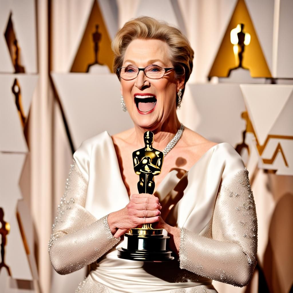 Meril Streep's surprised face when receiving an Oscar, realistic photography Professional photography, ...  by @Cerbero-can