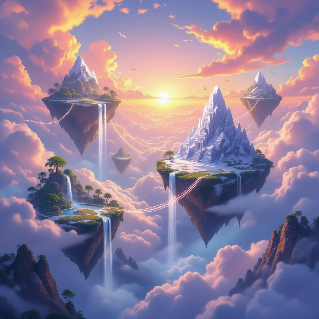 "A breathtaking, high-fantasy landscape featuring a series of colossal, floating islands drifting serenely in a vibrant, cloud-filled sky. E...