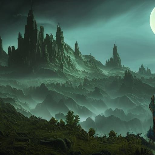 Banshee in green robe screening under a full blue moon