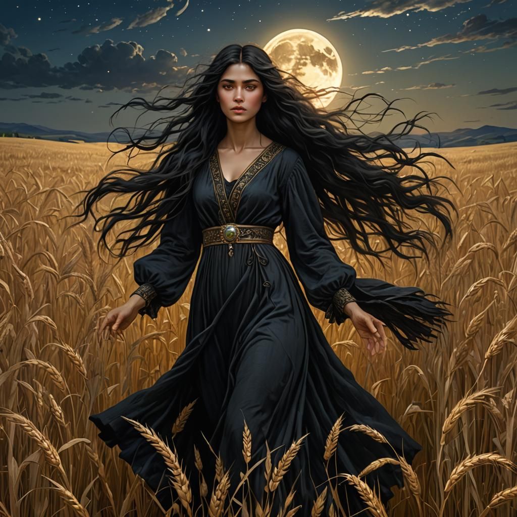 Beautiful mysterious moon goddess priestess Woman with long black hair windy  walks through moonlit wheat ...  by @June