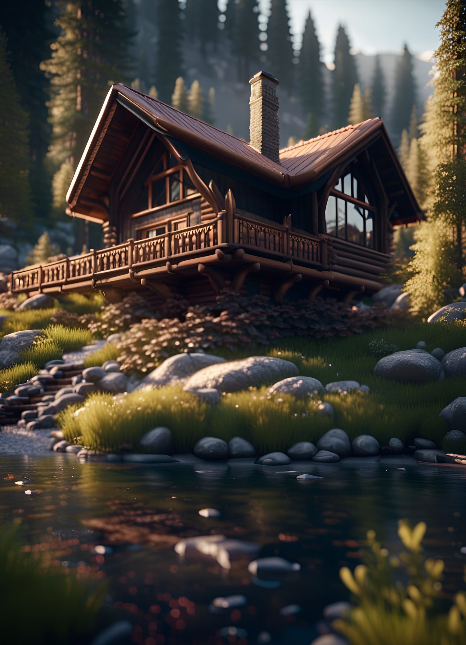 Cozy cabin in woods with small pond flowing   by @SmitAiArtist