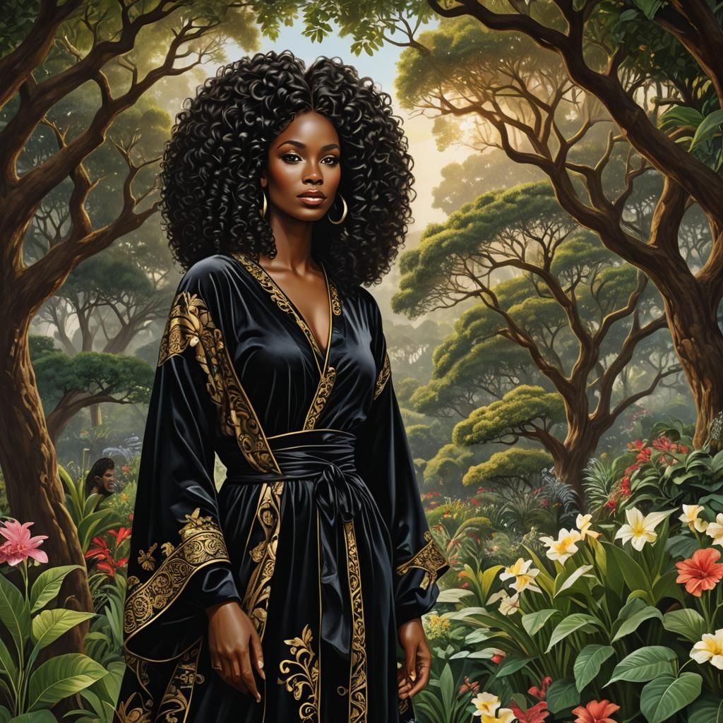In The garden Of Eden . background Eve
 An ebony brown-skinned powerful , shapely devine created woman with an intricate detailed in God's...