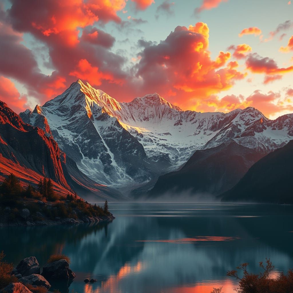 The most stunning and intense mountain landscape image at sunset AI has ever created   by @Stike
