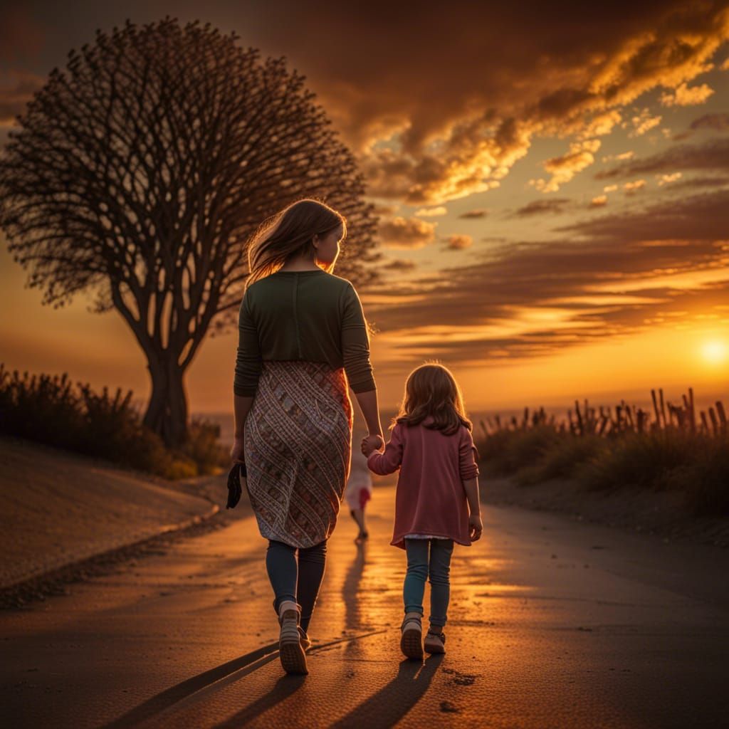 A woman walking with her daughter in the sunset