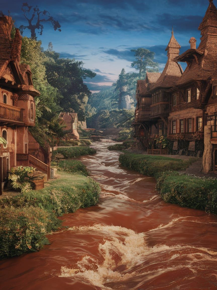 Fantasy Village with Chocolate River: Matte Painting