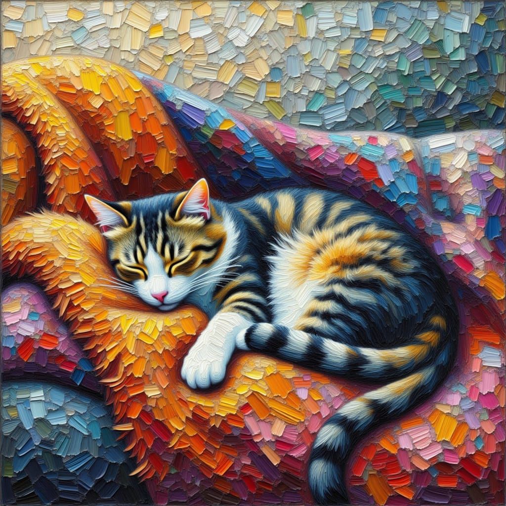 <lora:Craquelure Paint:1.0> a cute cat sleeping curled up in a blanket on the couch ... ,  amidst a detailed, textured background with craqu...