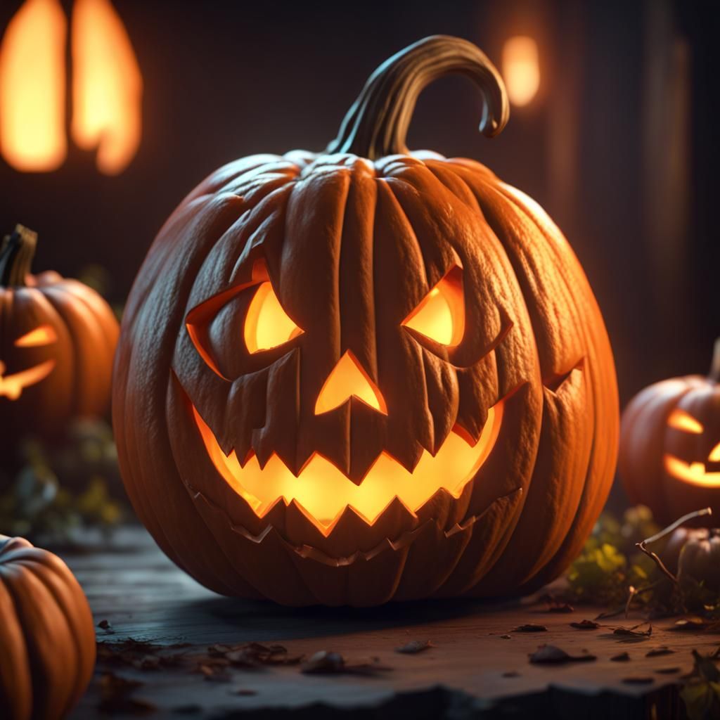 a carved Halloween pumpkin with a friendly face