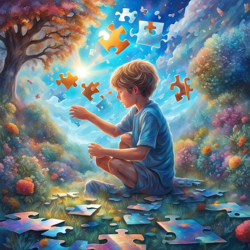 Puzzle pieces falling from a blue sky down to a boy playing with a Puzzle in a beautiful garden  by @Yvonne 