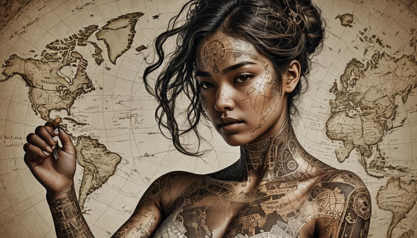A map of the world in high resolution and dynamic textures on her body curves engraved on her face, skin, ...  by @kamy