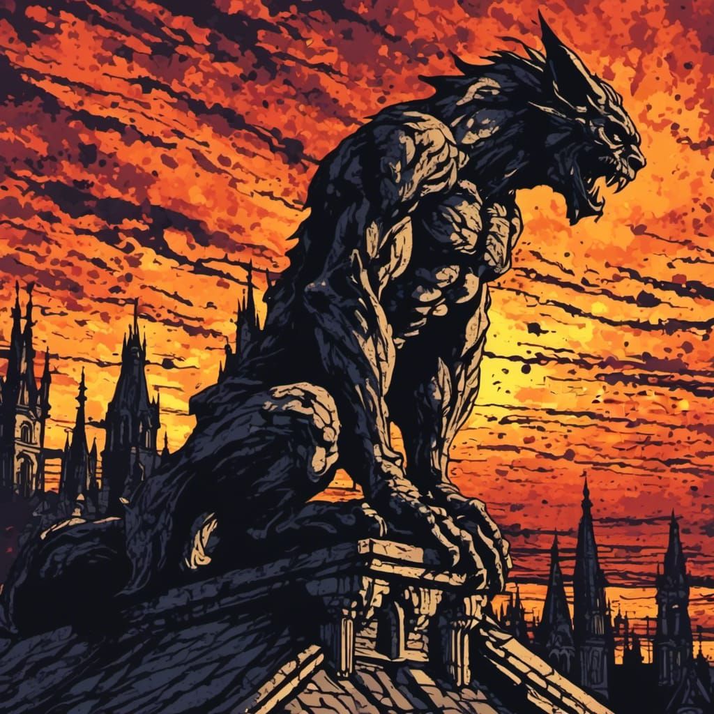 a Wicked Gargoyle Silhouette back lit cathedral sunset, inspired by Colored-Ink Blotch style art. dynamic extreme close-up. <lora:Blotched I...