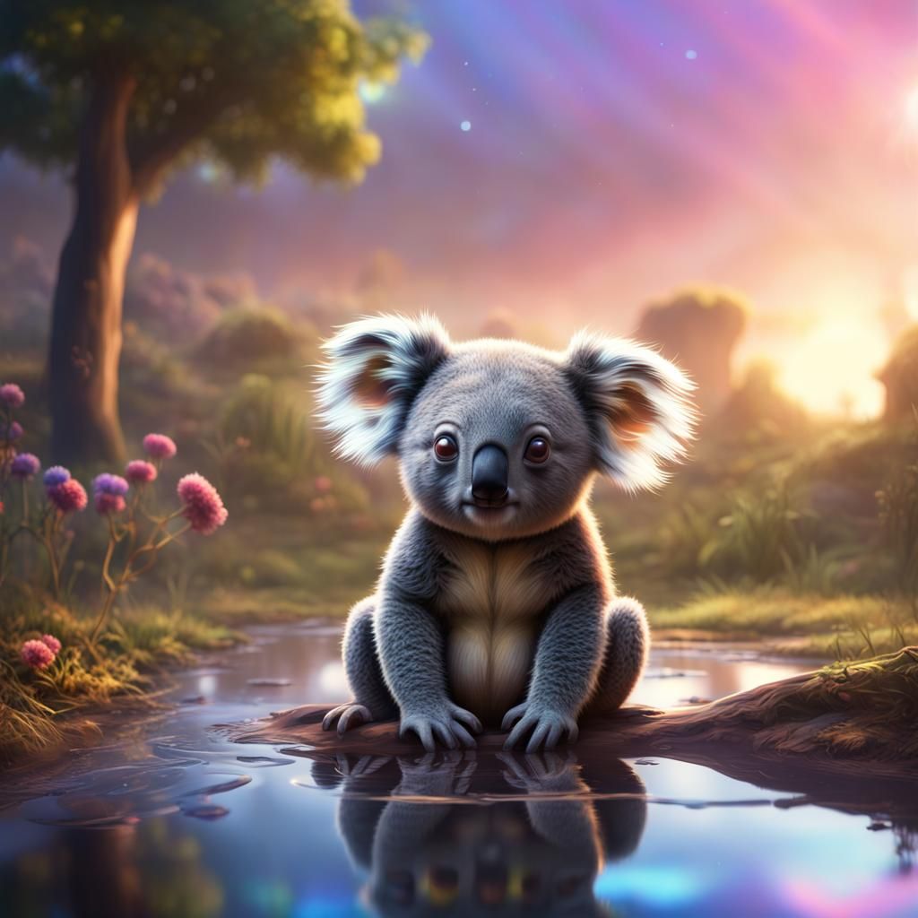 A baby koala, staring at its reflection in a puddle, with a ...