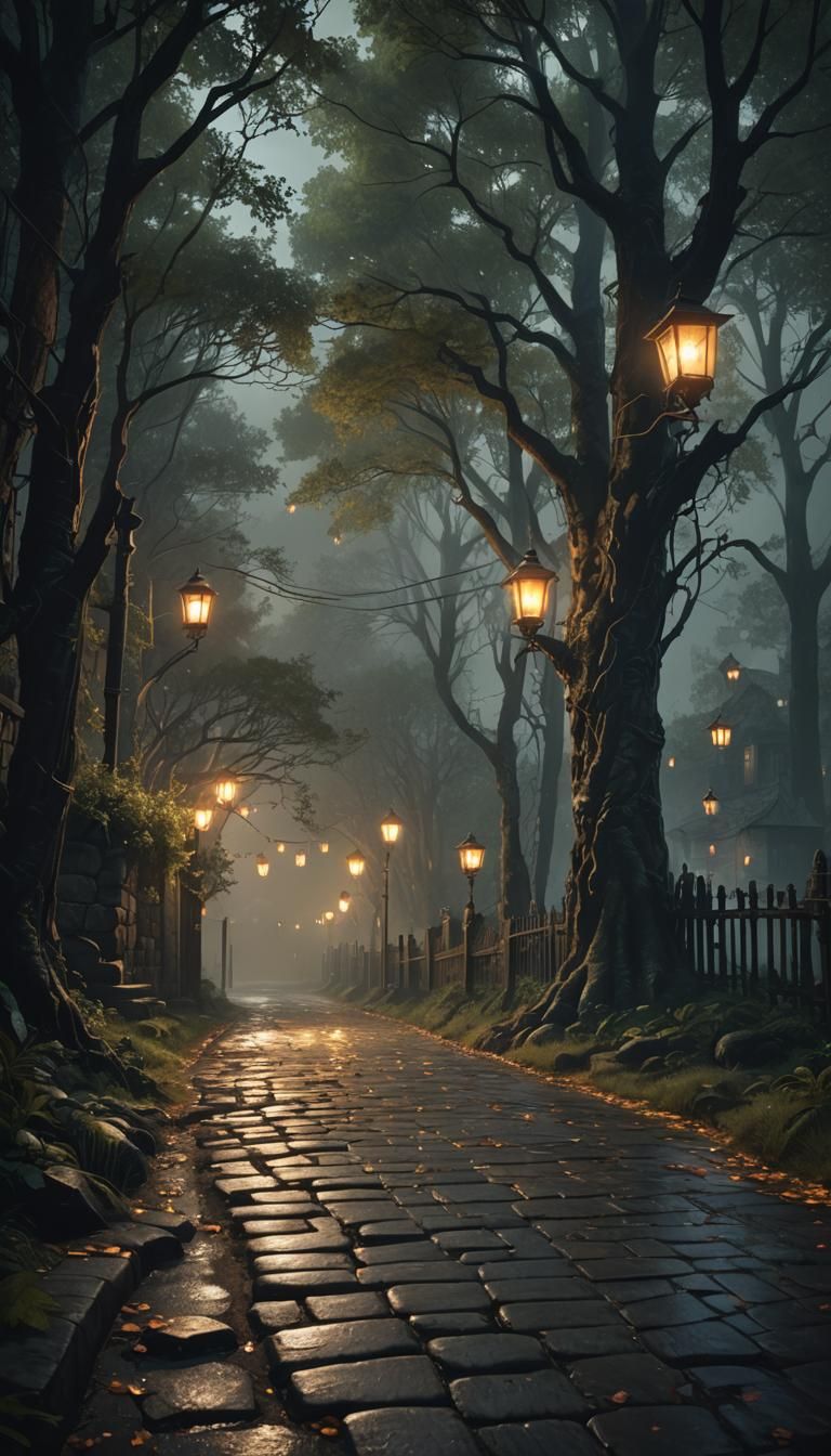 a haunted forest with a city in the distance. lights, fence, bench