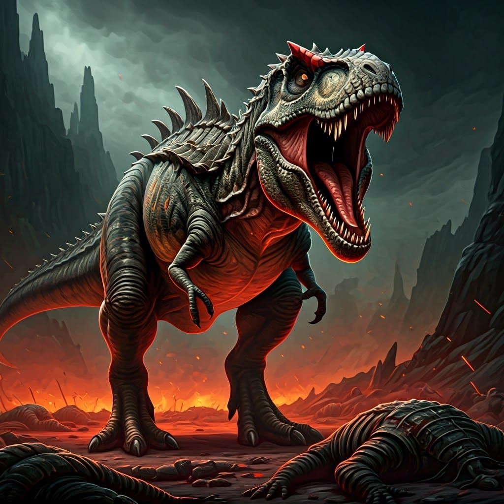 A colossal tyrannosaurus rex with two rows of jagged teeth o...