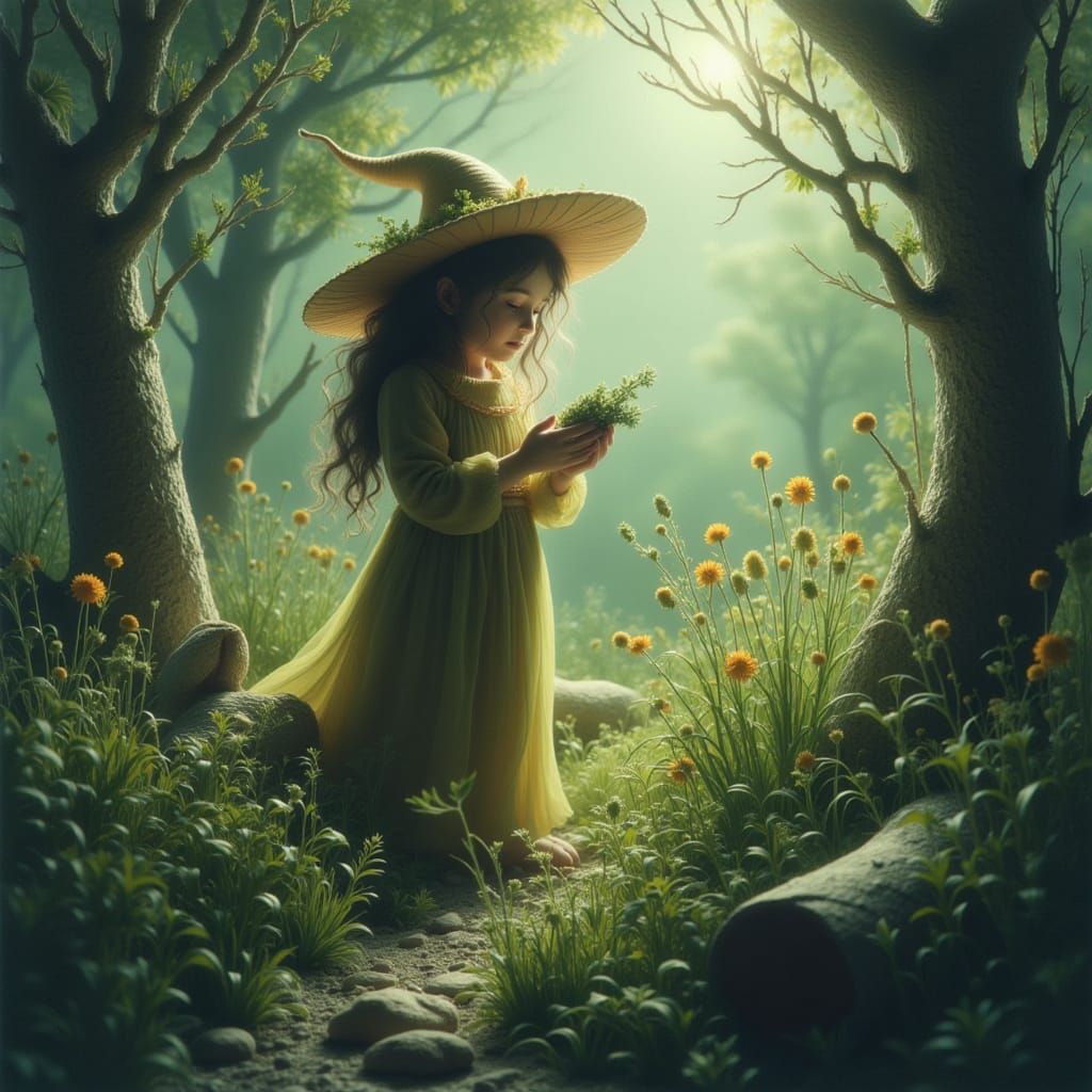 <lora:Blizzard:1.0> Digital Art : Druidess in the forest collecting herbs