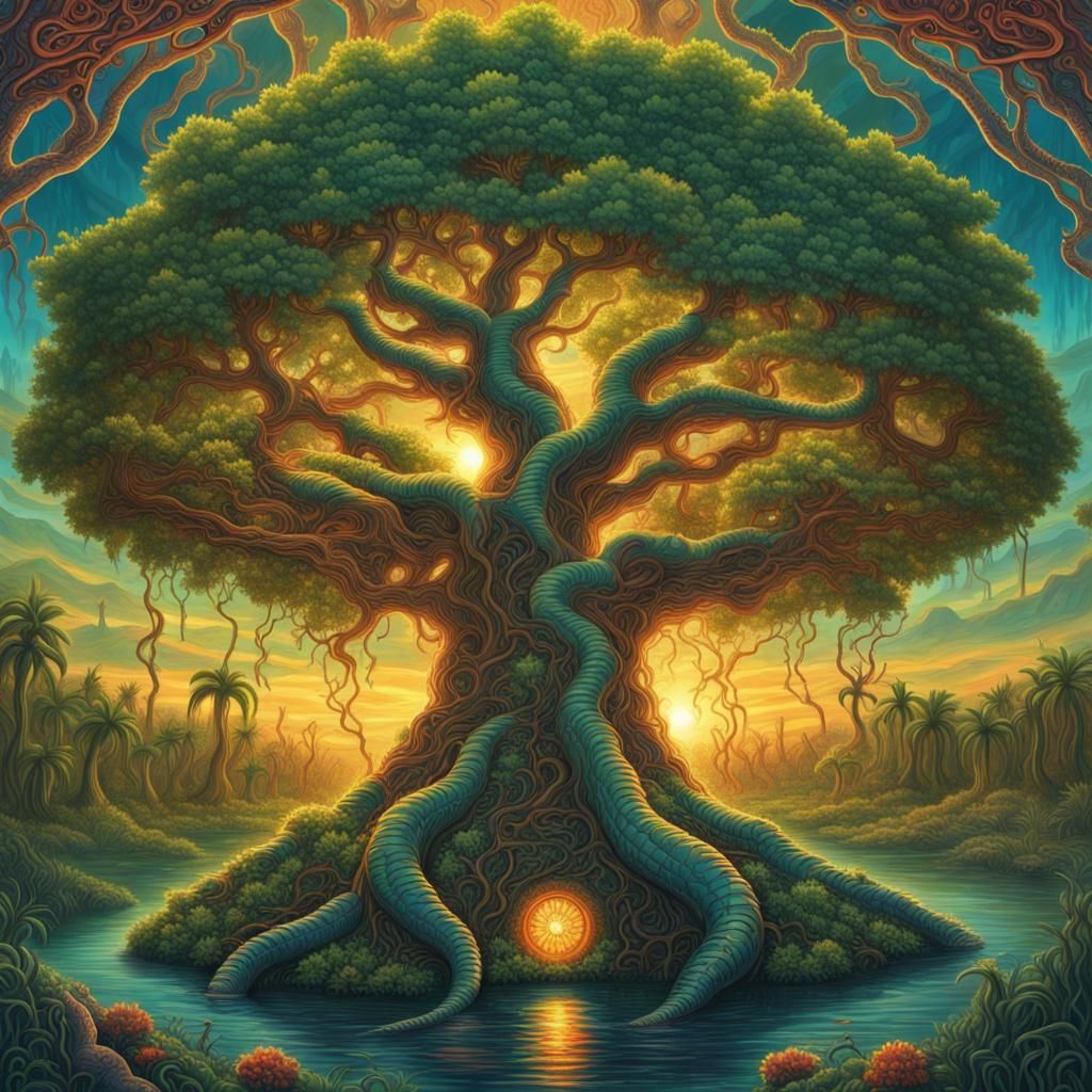 The tree of life growing in the middle of a lush swamp filled with ...