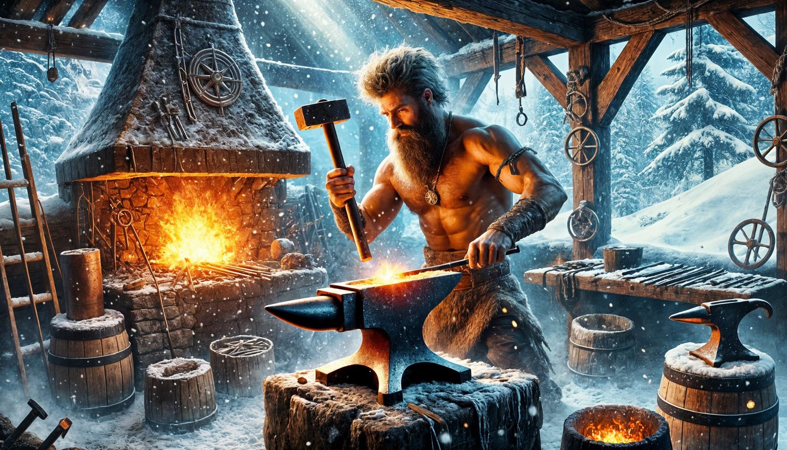 Viking blacksmith in snow storm