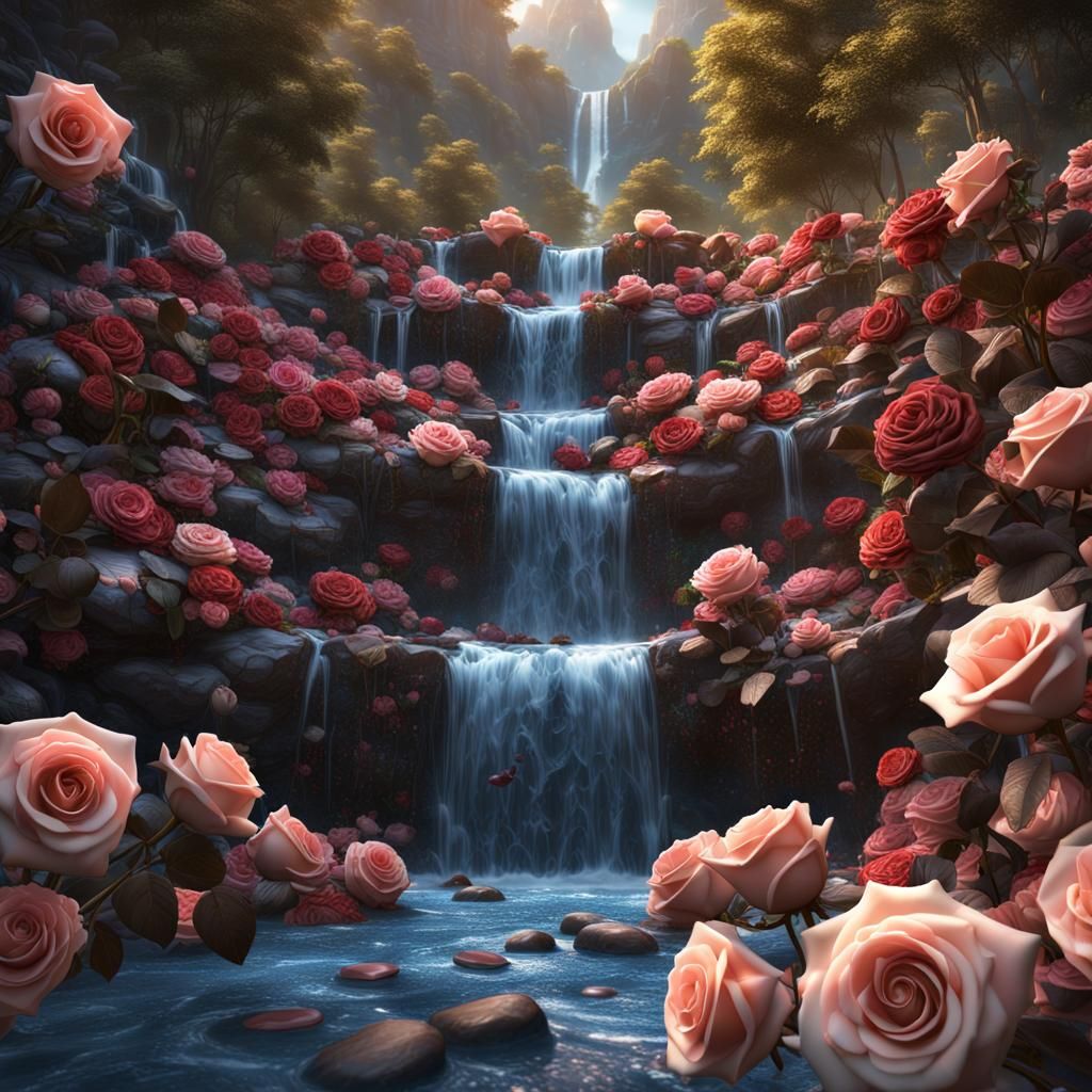 A chocolate waterfall with roses on both sides, intricate details ...