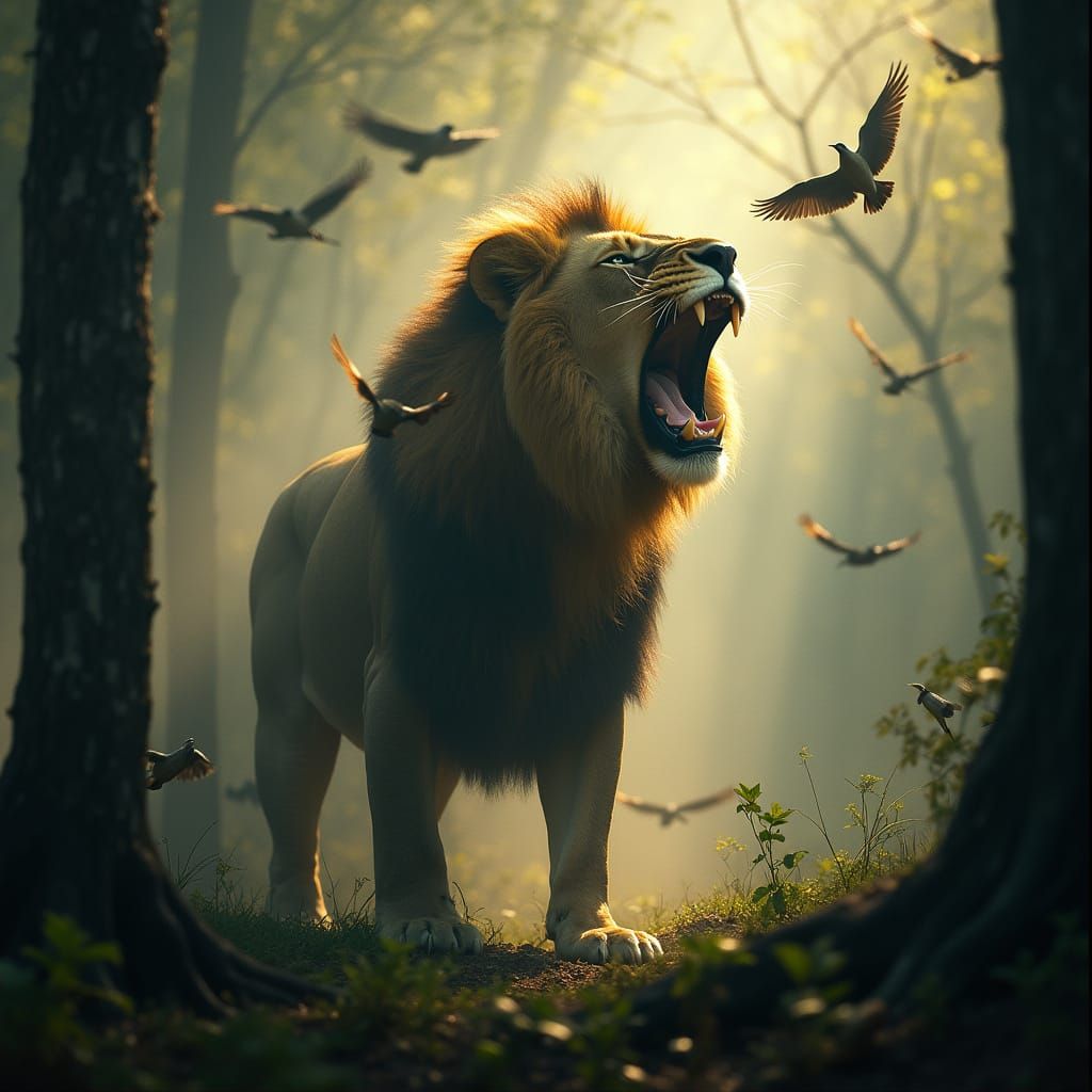 Majestic Lion Unleashes Thunderous Roar in Dense Forest