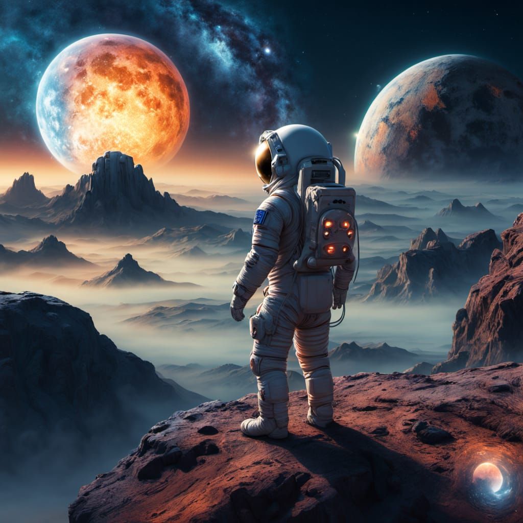 Astronaut standing on a rough, alien rock ledge under a twilight sky, with a massive celestial body glowing in the distance
Ultra-realistic ...