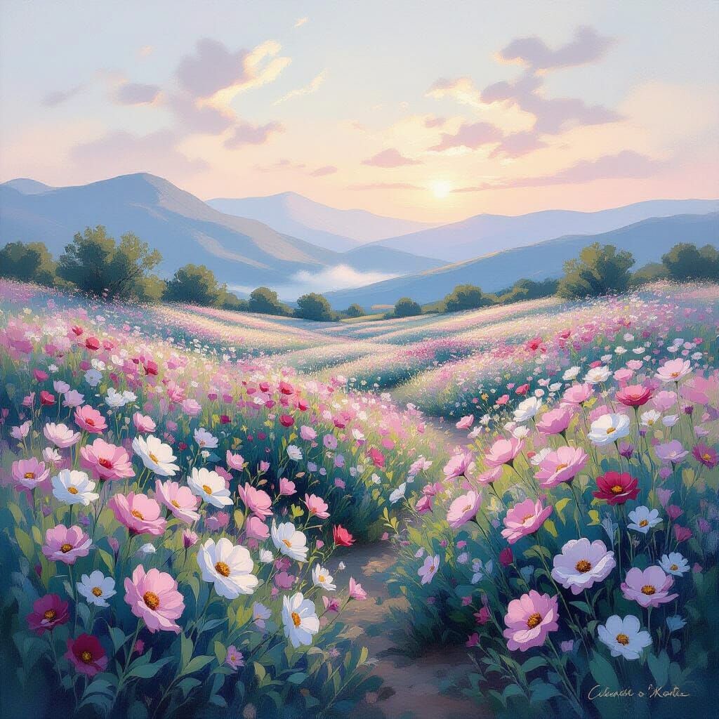 Dreamy Flower Sea at Dawn in Soft Oil Painting Style