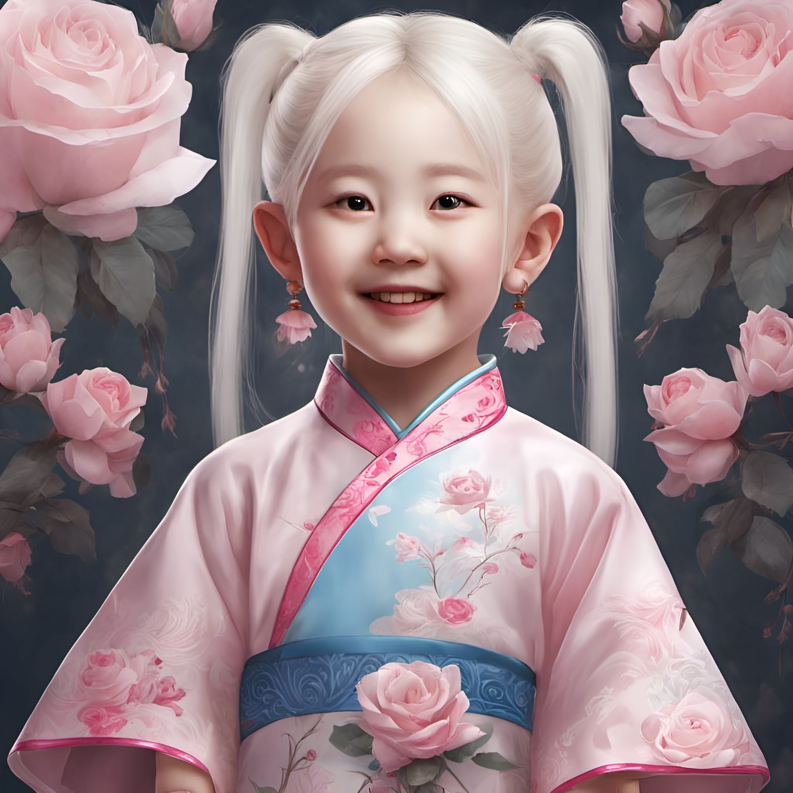 Smiling toddler albino Chinese girl with long and straight w...