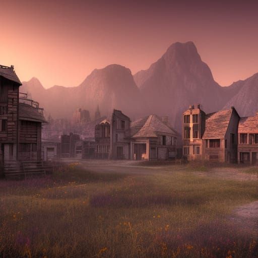 Abandoned ghost town at a sunrise