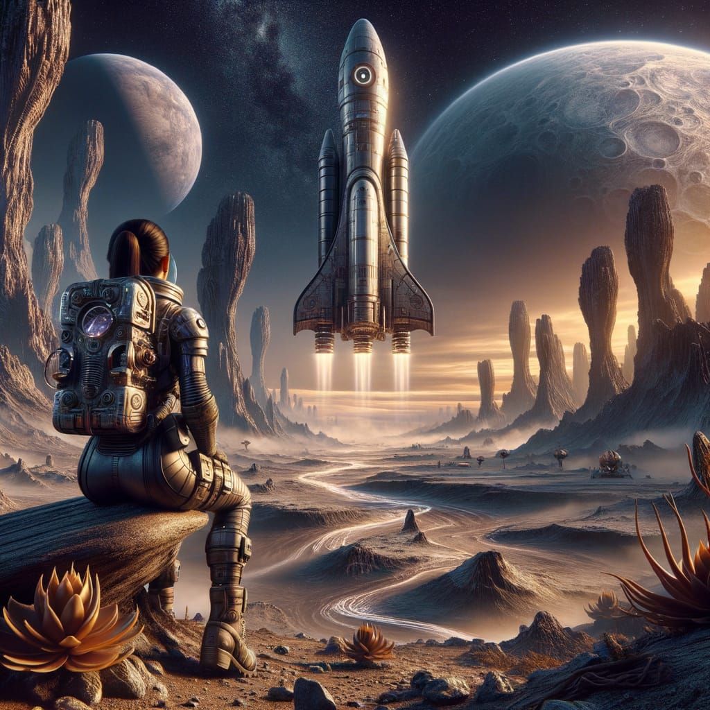 A lone, striking, female astronaut stands on the desolate surface of an alien planet, gazing up at a ...  by @Hereami