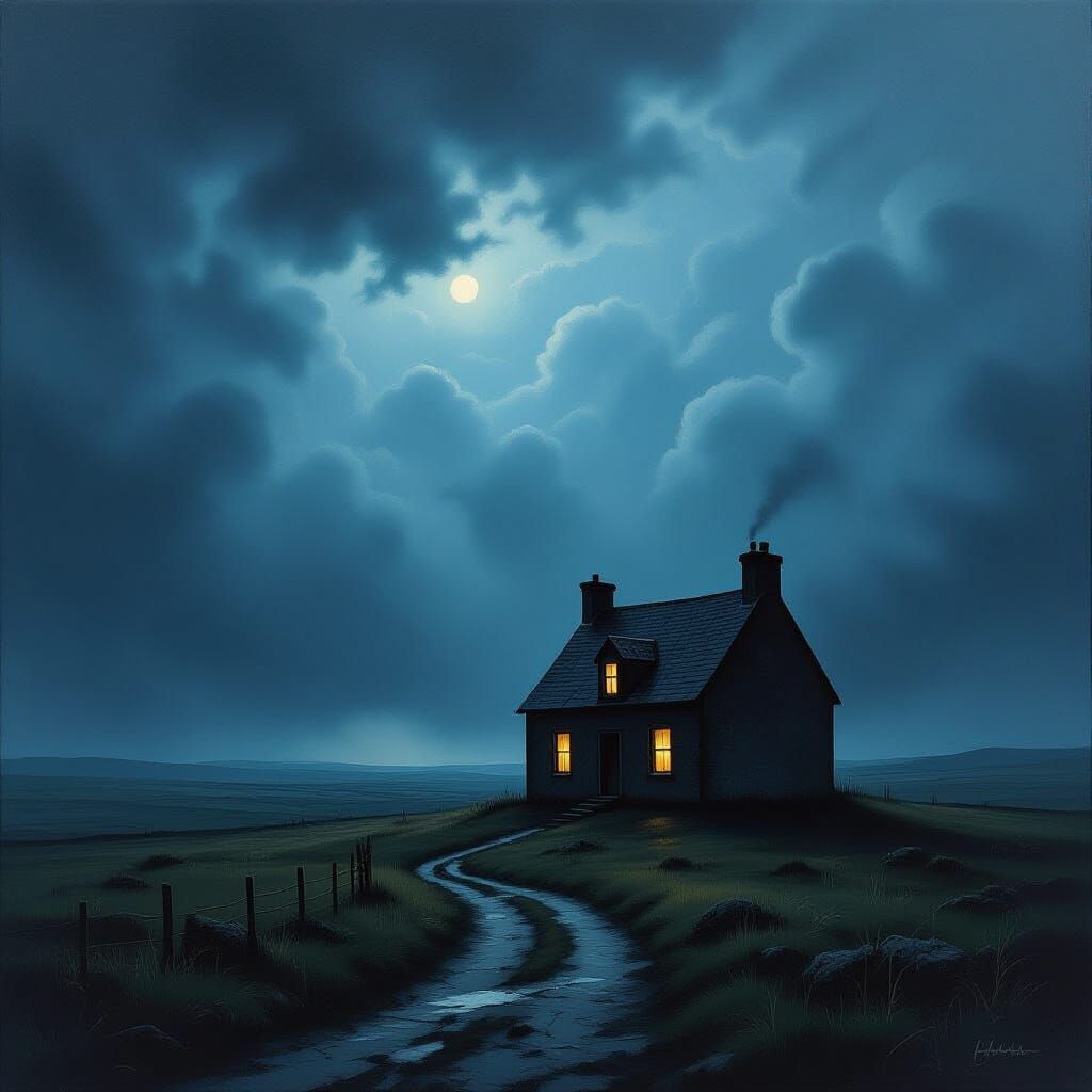 Solitary House on Windswept Moor Oil Painting