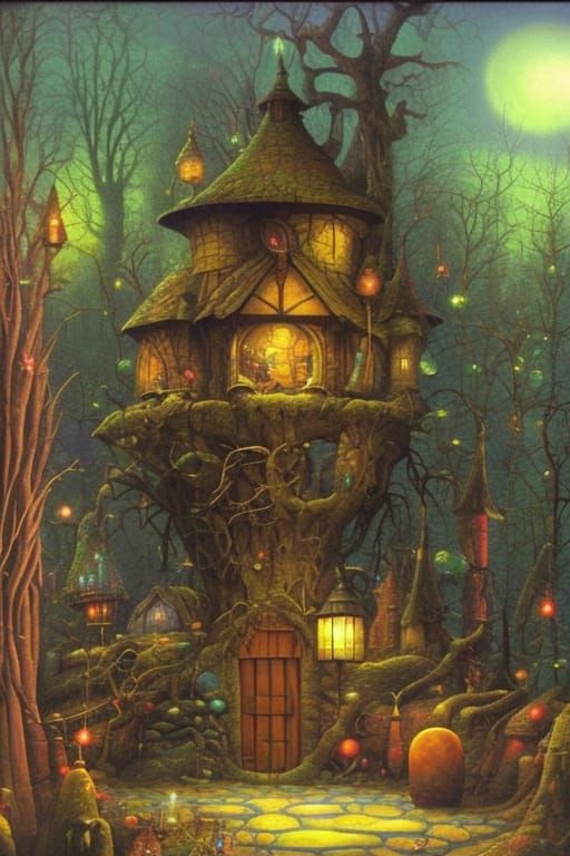 wizard's hut in the swamp stone pavers lamp posts full moon floating luminous crystal sparkles iridescent ...  by @Jeffrey Adams