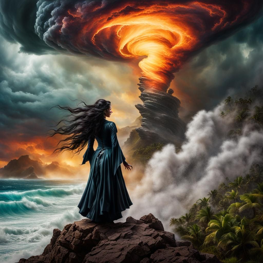 Black sorceress summoning a violent tornado  by @Gokiburi