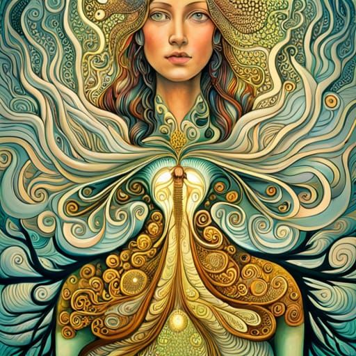 tree-human hybrid woman in mycelium network in warped perspe...