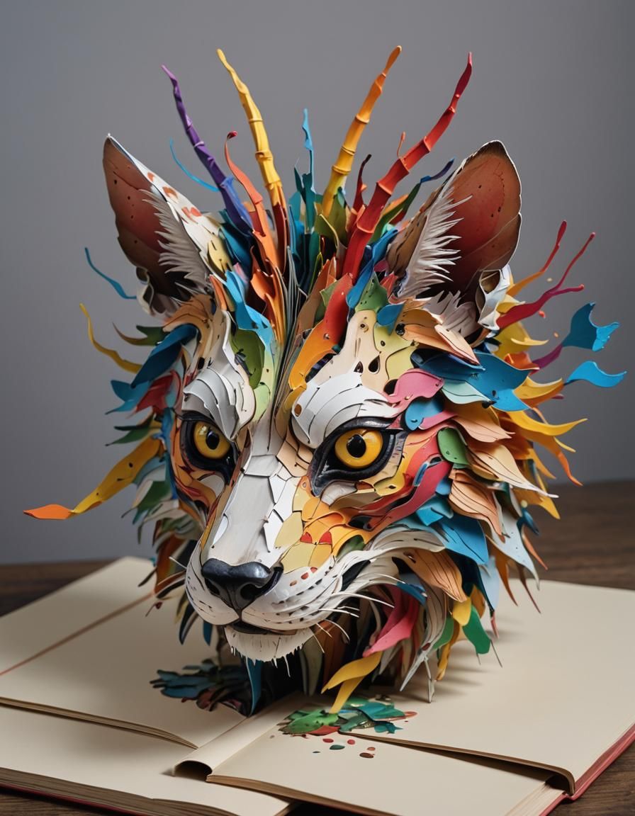 3d  pop-up  book of hybrid-animal face  opened and stand on ...