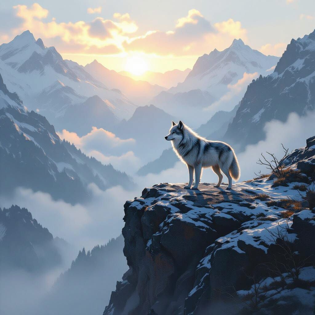Lone Wolf in Misty Valley: Hyperrealistic Digital Painting