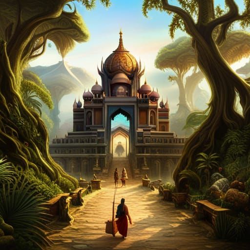 Sacred pilgrimage across beautiful magical India jungle. art by Greg ...