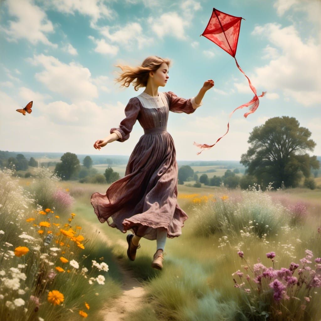  <lora:ArPo:1.0>  flying a kite in a field of blooming flowers