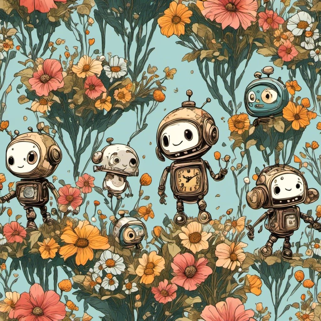 <lora:Metallic Balloons:1.0> Cute robots in a flower garden 