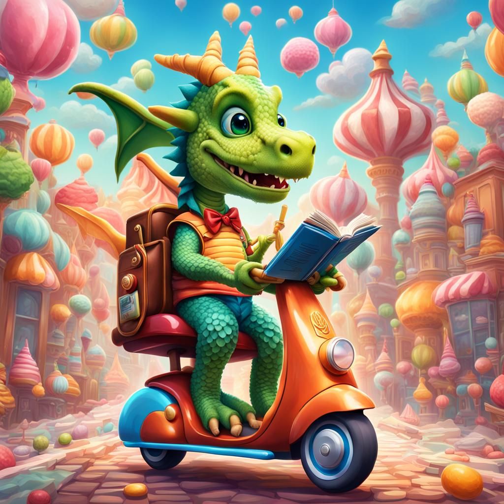 A dragon Reading a book while riding a scooter.